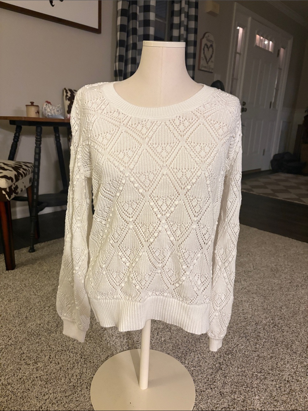 LOFT White Openwork Crewneck Sweater